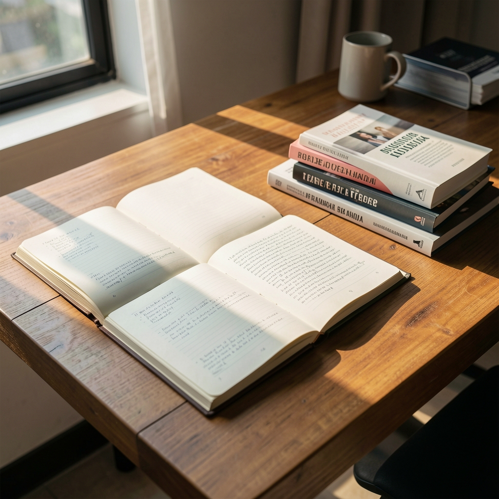 Tarko Journal editorial workspace with open notebooks, reference books, and morning light streaming across a wooden desk in Jakarta
