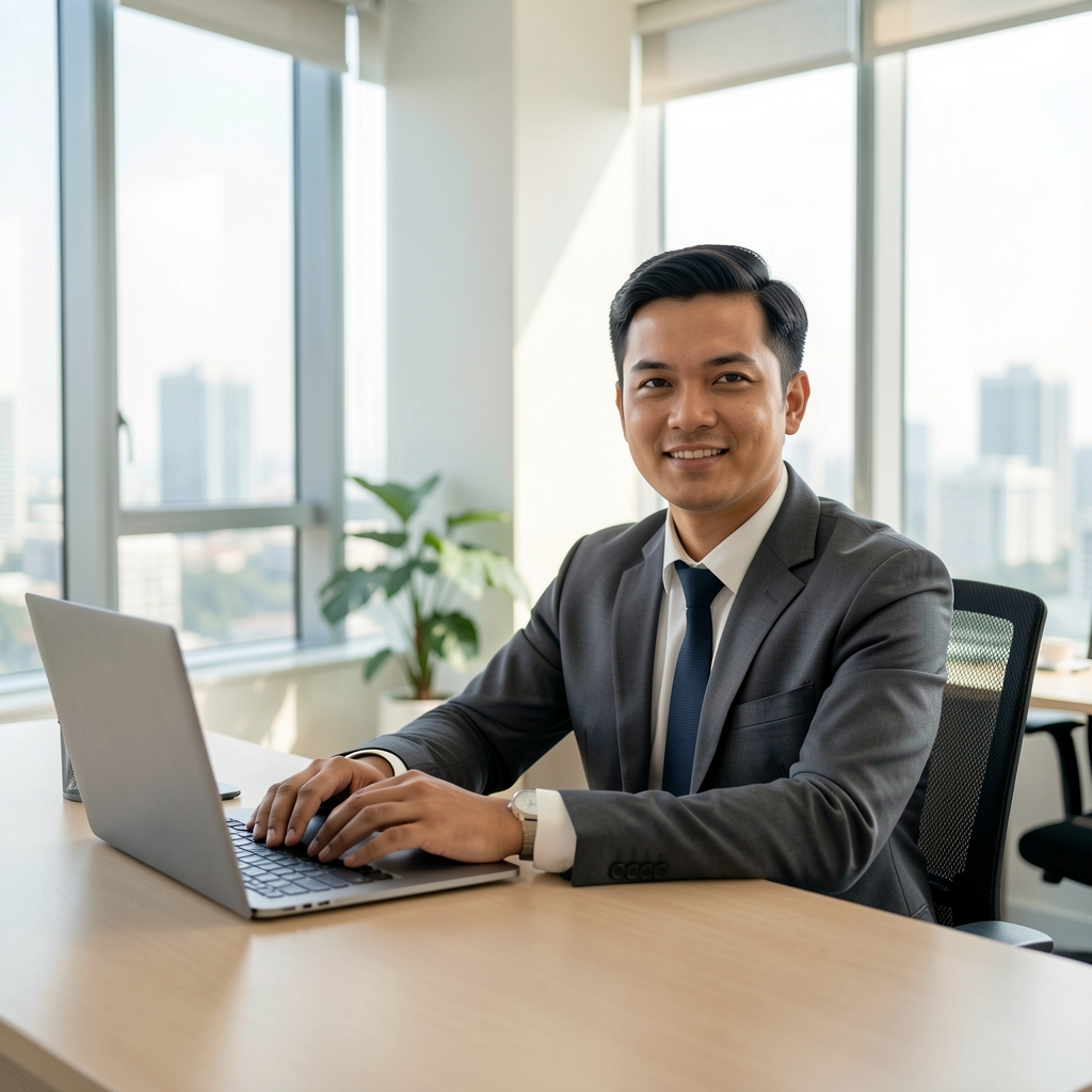 Tobias Marsden, lead editor of Tarko Journal, seated at a clean desk in a well-lit Jakarta office with natural morning light