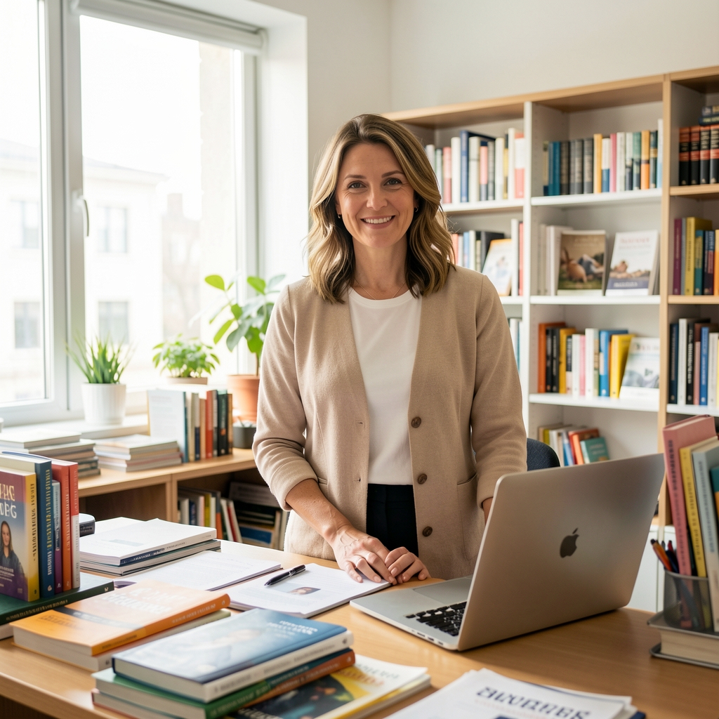 Eleanor Whitfield, nutrition writer at Tarko Journal, standing in a bright workspace surrounded by reference materials and a laptop