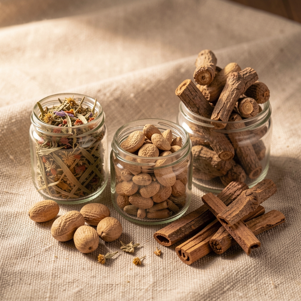 Dried botanical herbs and plant adaptogens including ashwagandha root, rhodiola extract, and eleuthero bark arranged in small glass jars on a textured linen surface under warm controlled lighting