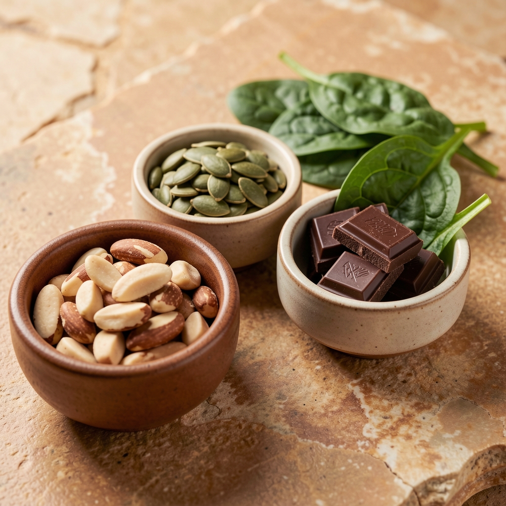Close-up arrangement of mineral-dense foods including brazil nuts, pumpkin seeds, fresh spinach leaves, and dark chocolate pieces displayed in individual ceramic compartments on a warm stone surface