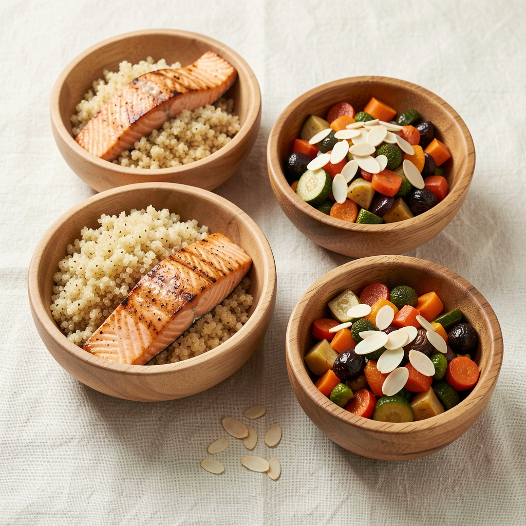 Meal prep arrangement featuring grilled salmon fillet, steamed quinoa, roasted mixed vegetables, and sliced almonds portioned into separate wooden bowls on a textured cream linen surface in soft natural light