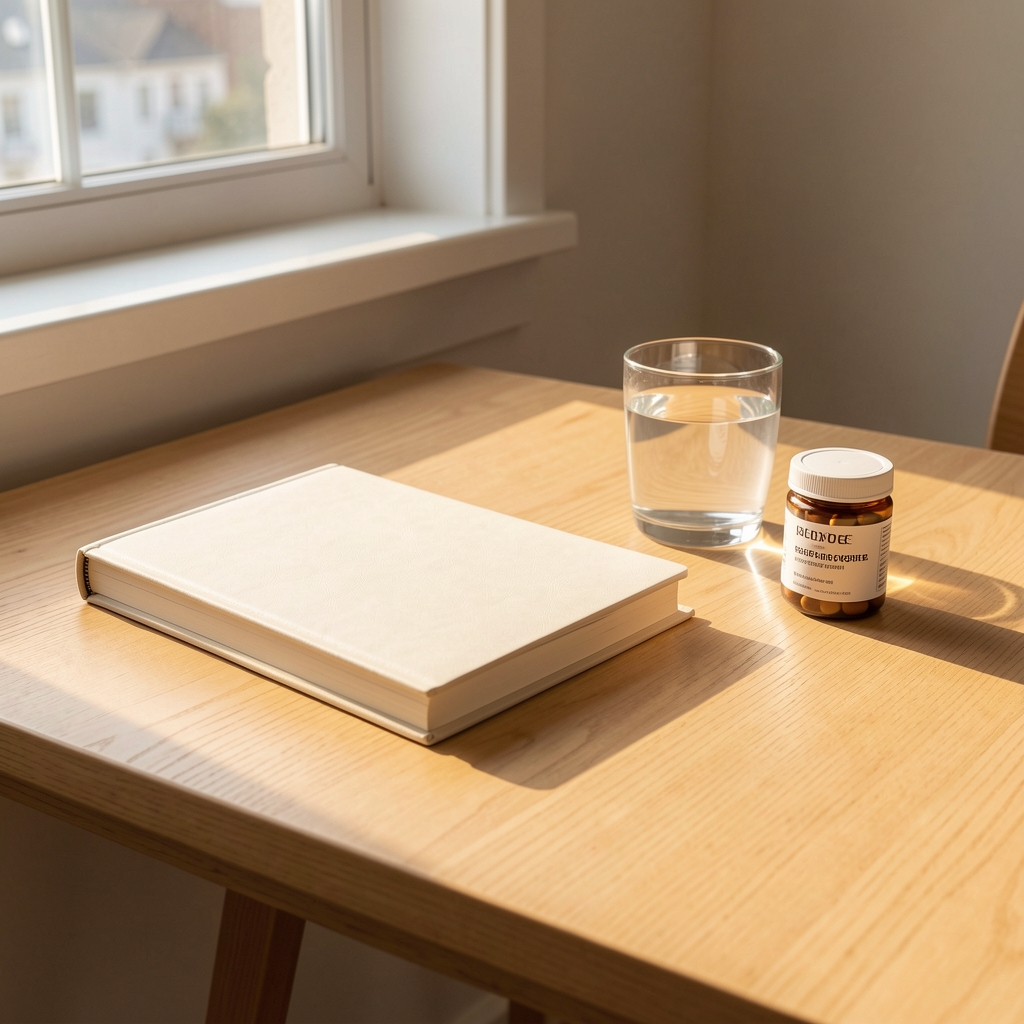Warm morning light illuminating a minimalist workspace with a journal, glass of water, and small supplement container arranged on a light oak desk beside a window
