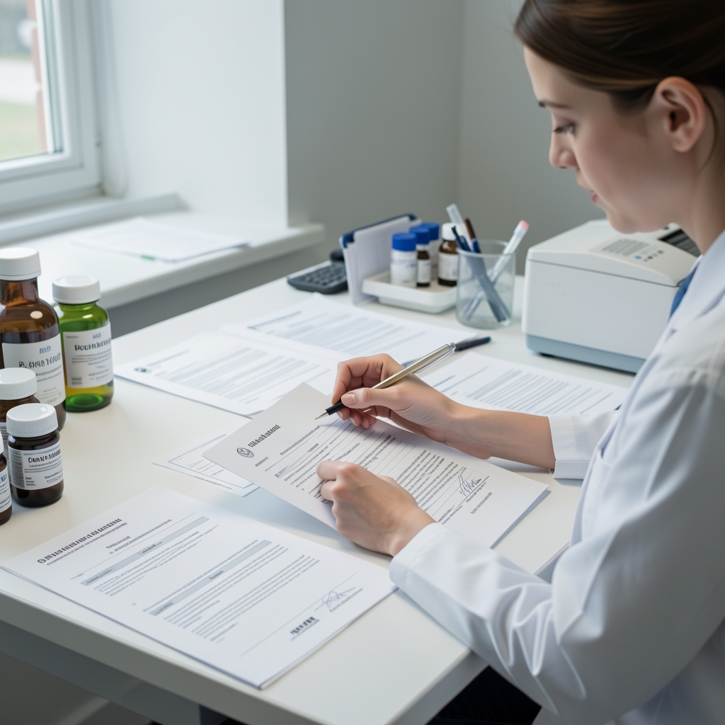 Individual glass vials containing dried rhodiola rosea root, powdered eleuthero bark, and ashwagandha extract laid out on a light oak surface with handwritten batch verification labels beside each sample